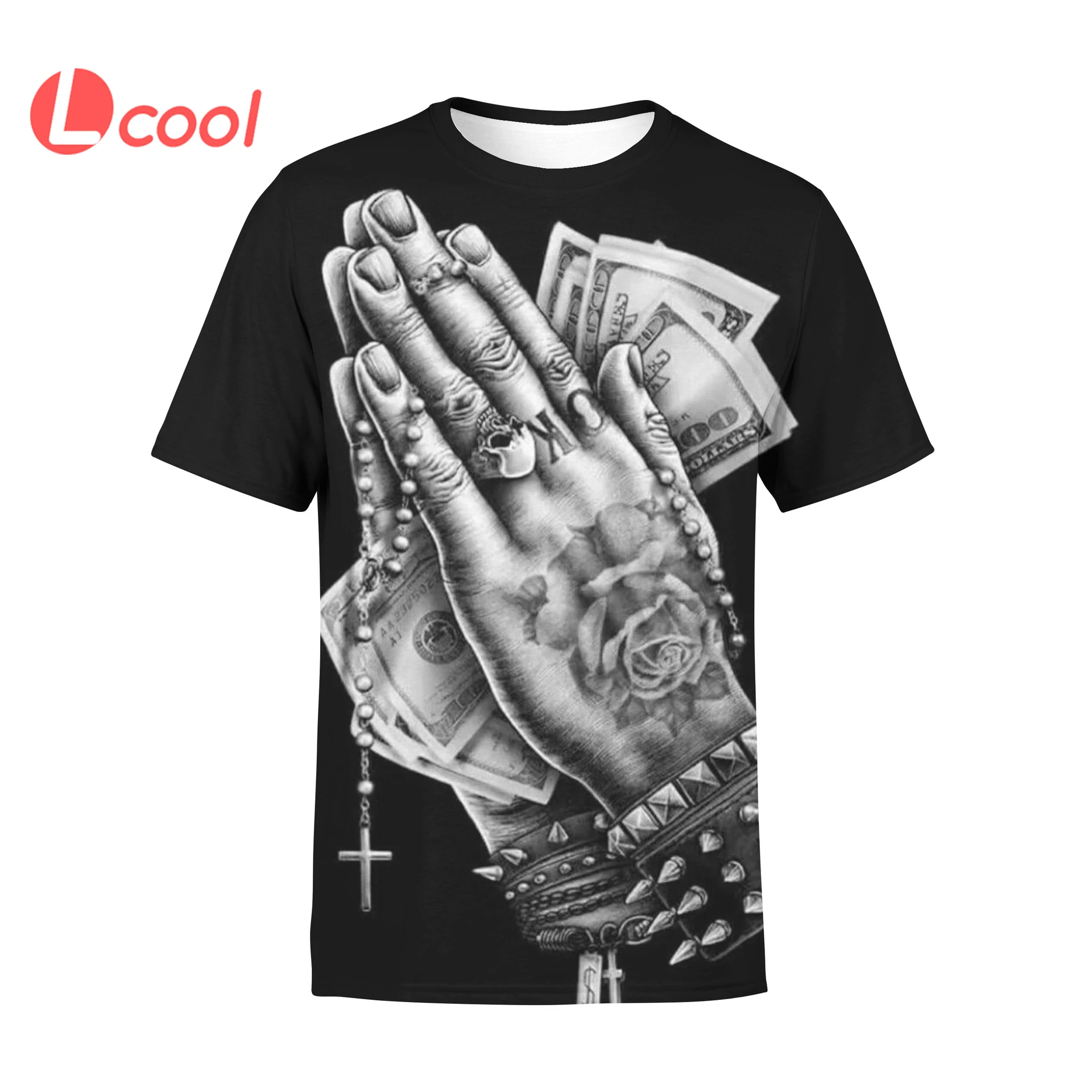 Lcool quick dry polyester t shirts for sublimation print 3d digital print pray hands oversized t-shirt men