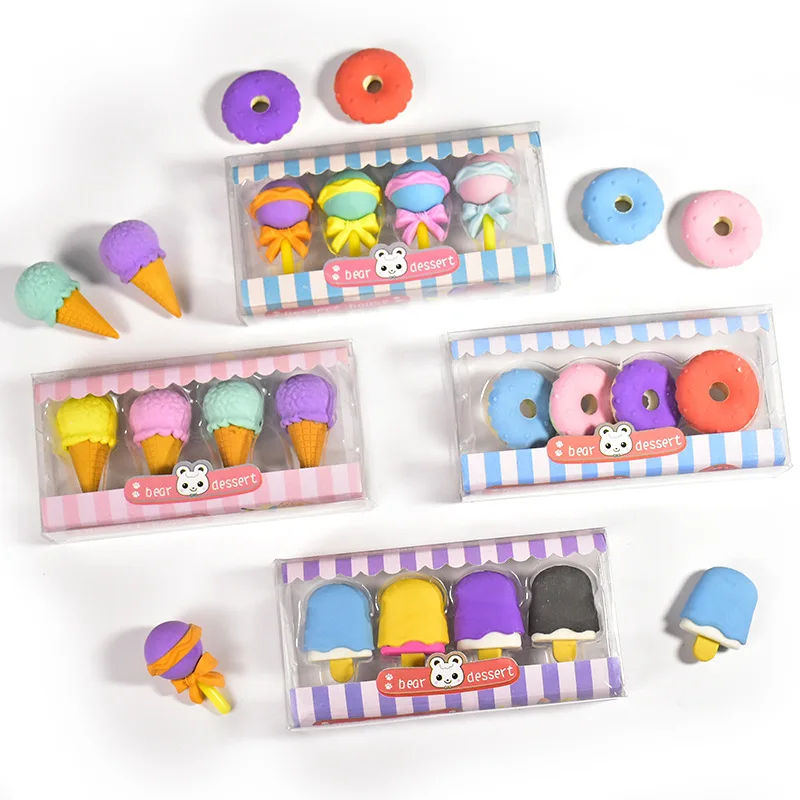 Wholesale promotional gift 3d ice cream cake fancy school gift cute kawaii eraser stationery set for kids