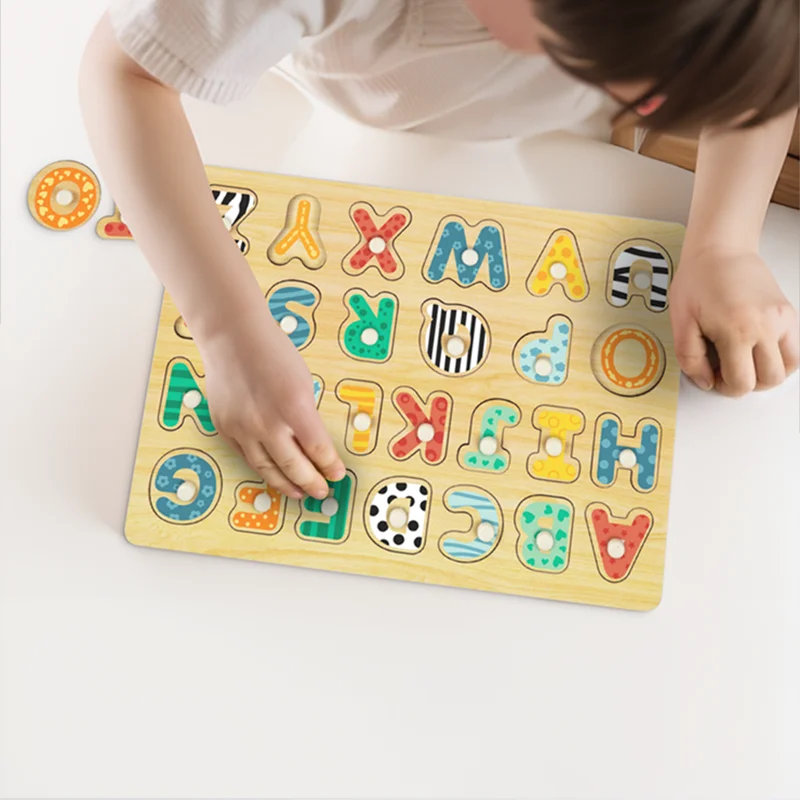 Wooden English Letters Shape filled Puzzle Toys Colorful Educational Montessori Toys 3d Wooden Baby Alphabet Puzzles