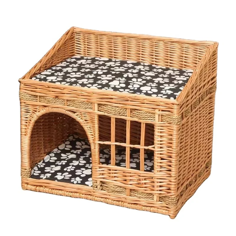 Hot custom new arrival hand woven wicker Rattan wood pet cat villa house cat nest-Four Seasons for  pet cages small animals bed