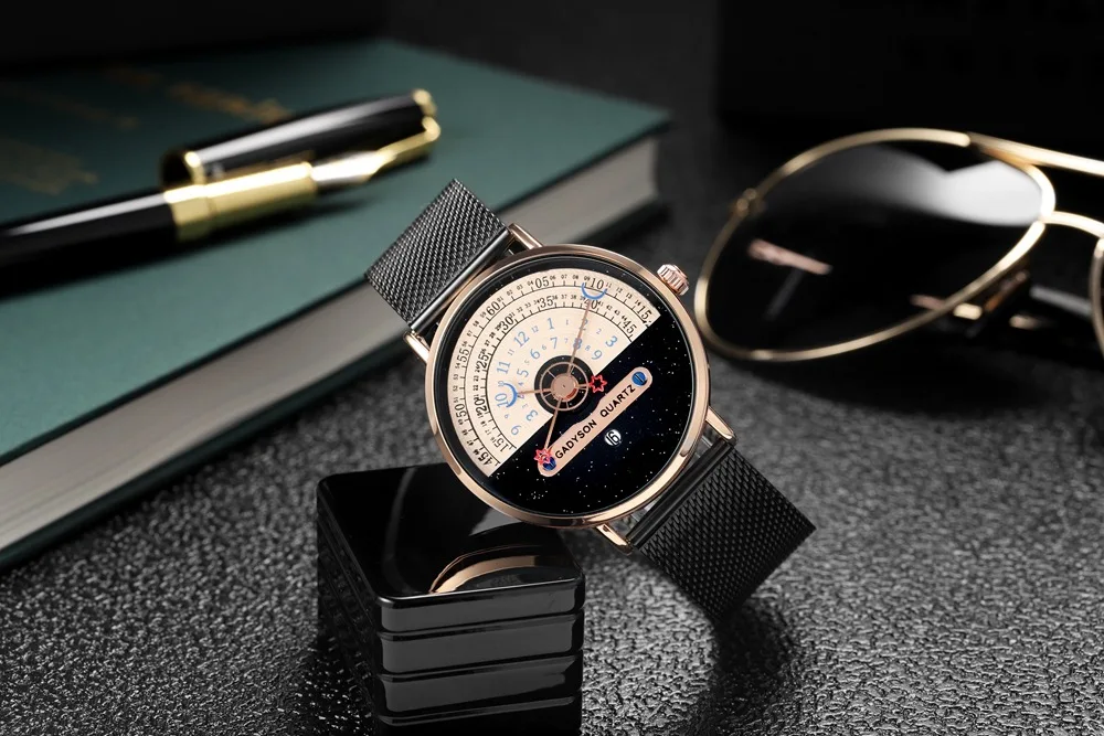 New Star and Moon Concept Black and White Men Quartz watch calendar half roulette time display Gold Date Mens Watches