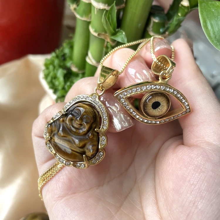Charm Men Evil Eyes Buddha Natural Jade Pendant 18k Gold Plated Stainless Steel Tiger Eye Rings Necklace Jewelry Sets