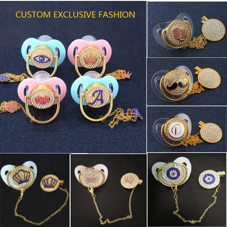 Sparkle Private Label Rose Gold Plated Metal Clip Name Pacifier Holder 26 Initial Gold Letter Rhinestone Dummy Chain for Baby