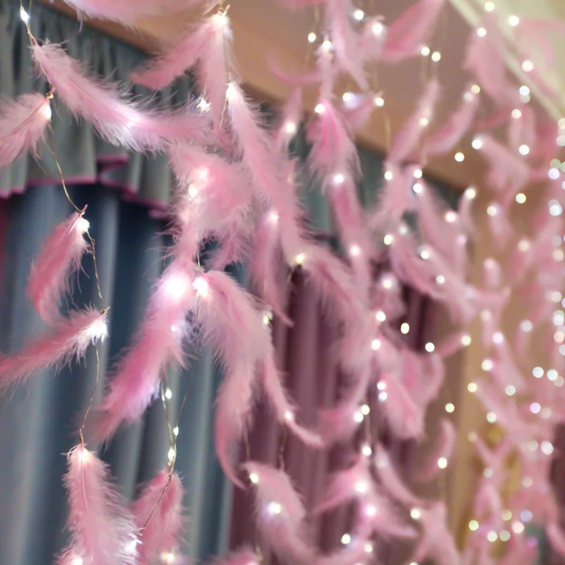 
The room is decorated with LED copper curtain decorative light string decorative feather remote control USB color series light 