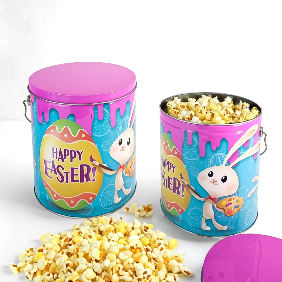 Customized Printing  Christmas Gift Metal Food Popcorn Bucket Tin Containers Handle Bucket Tin Can For Popcorncookies candy tin