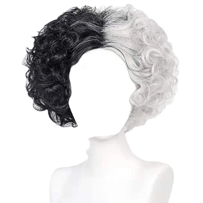 Cruella De Vil Cosplay Wig Short Fluffy Wavy Half Black and White Wigs Synthetic Hair for Halloween Short Bob Wavy