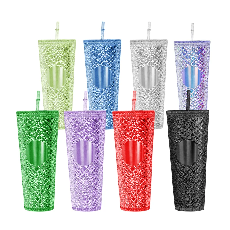 Custom 24oz Tazas Tasse Tumbler Glitter Becher Double Wall Drink Cup Bling Cold Cups Plastic Sippy Drink Cup With Lid And Straw