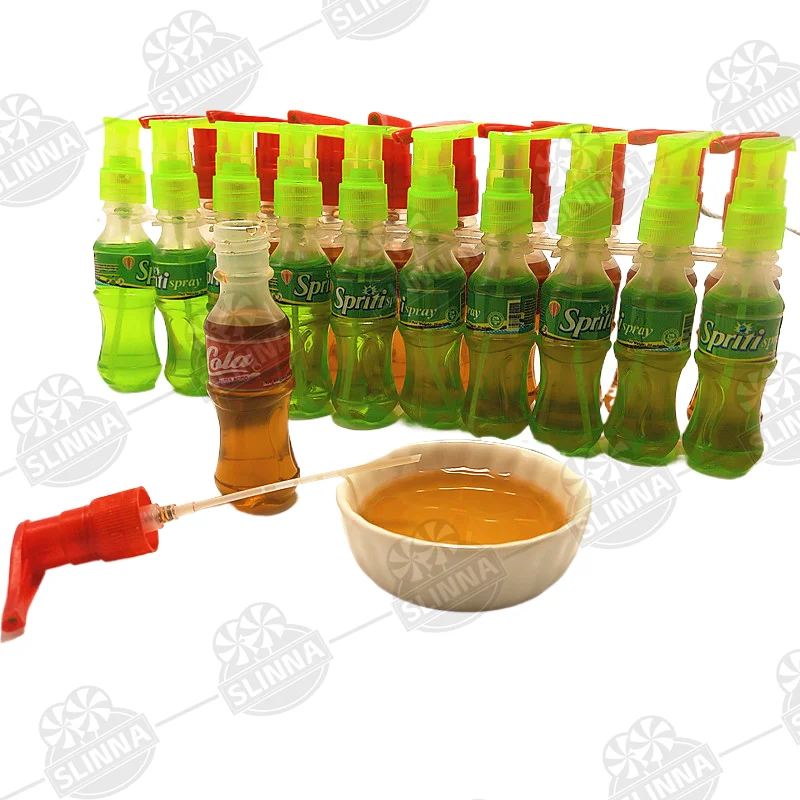 Wholesale Custom High Quality HALAL Sour Cola Lemon Flavored Super Spray Candy Fruity Sweet Liquid Candy Cartoon Bottle