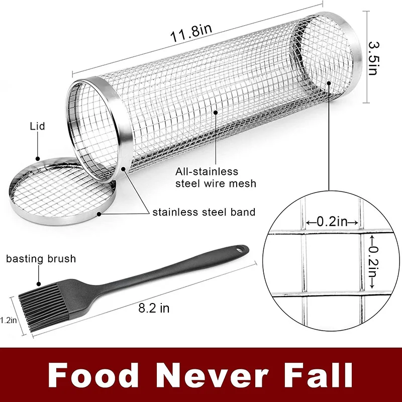 2023 New Stainless Steel 304 BBQ Rolling Grill Basket Wire Mesh Net Tube 12 inch Greatest Grilling Basket Ever