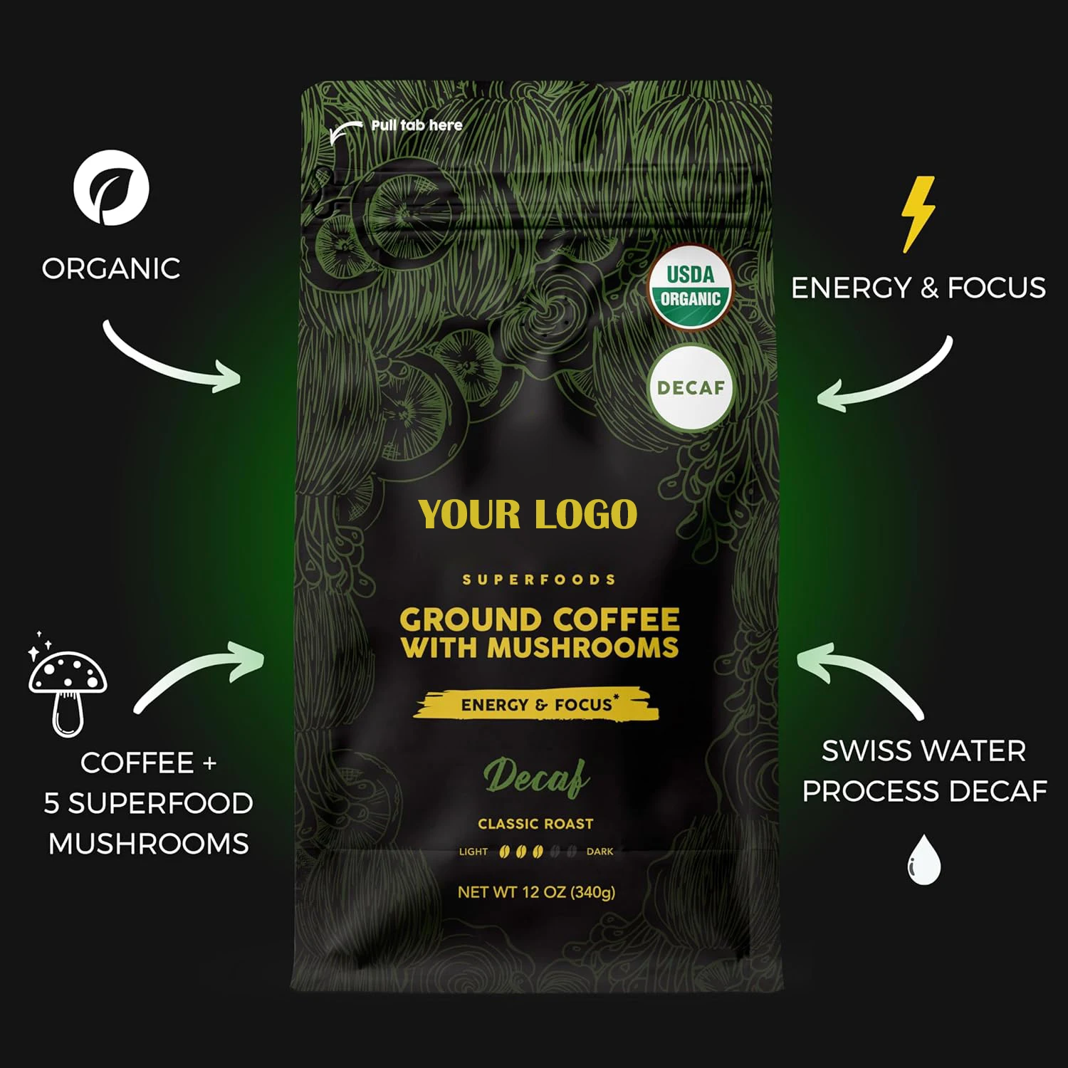 OEM Superfood Mushrooms Reishi Chaga Maitake Shiitake Turkey Tail Blend Mushroom Coffee Powder