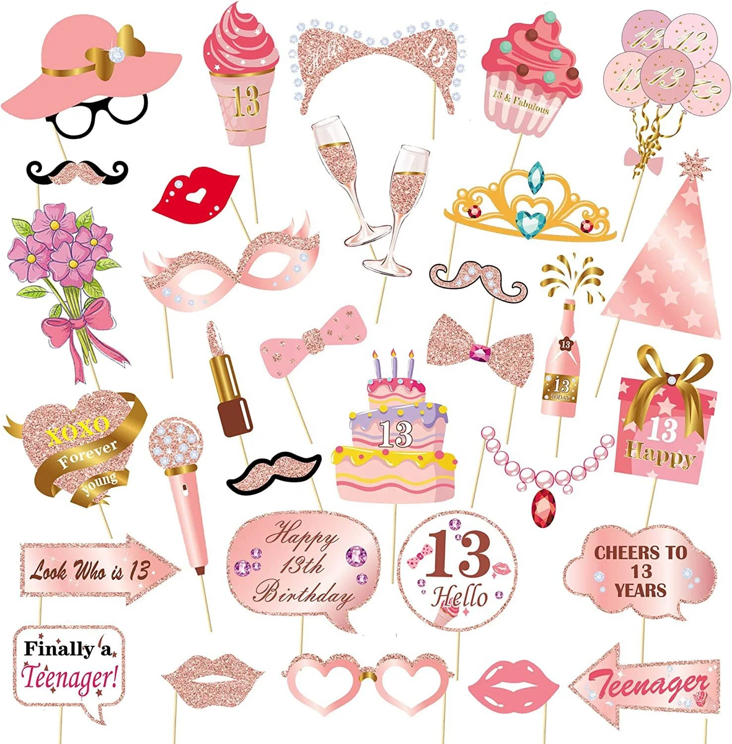 33pcs Rose Gold Glitter Birthday Photobooth Props DIY Girls 18th 30th 40th Photo Props Decorations Women Birthday Party Supplies