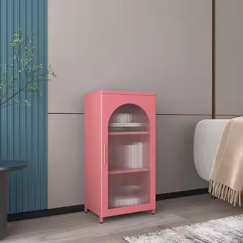 Home furniture Custom Colorful Metal Glass Door bookcase Living Room Display Storage Cabinet With Two Shelf Lower Metal Cabinet