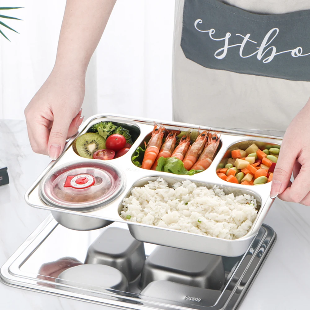 
304 stainless steel rectangular divided dinner tray 5 sections dinner plates 