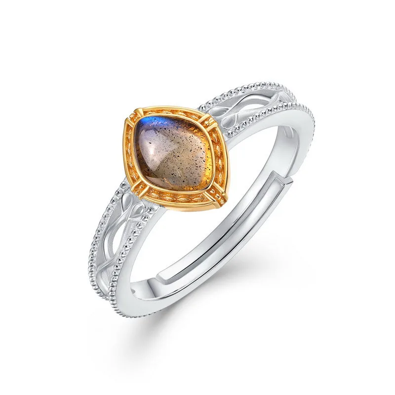 925 Sterling Silver 14K Gold Plated Gemstone Vintage Double Layer Hollow Shell White Crystal Ring