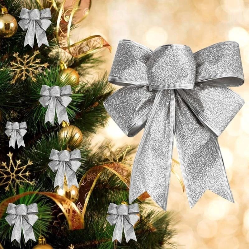 Bows Ribbon Bowknot Glitter Christmas Bow Christmas Tree Party Decor For Home rattan christmas tree decorations