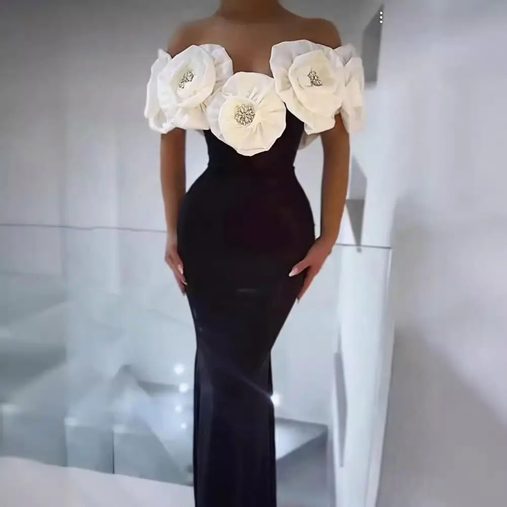 Cross-Border Hot Three-Dimensional Large Flower Off-Shoulder Hip Bag Dress Fashion Elegant Party Bandage Dress