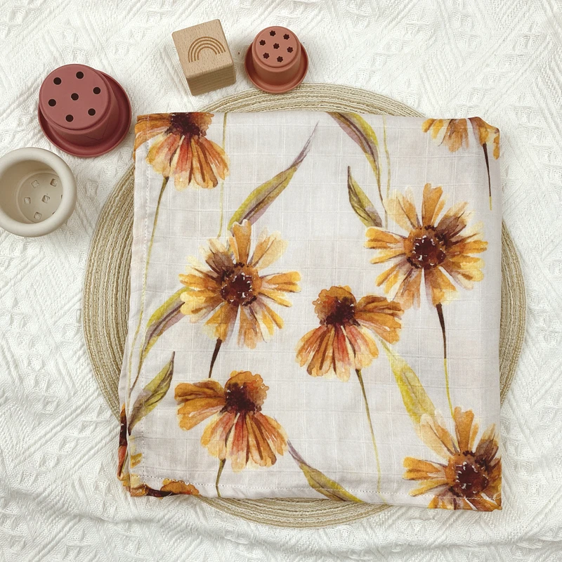 High Density Boho Rainbow Sublimation Baby Bamboo Organic Cotton Muslin Swaddle Wraps Receiving Blankets