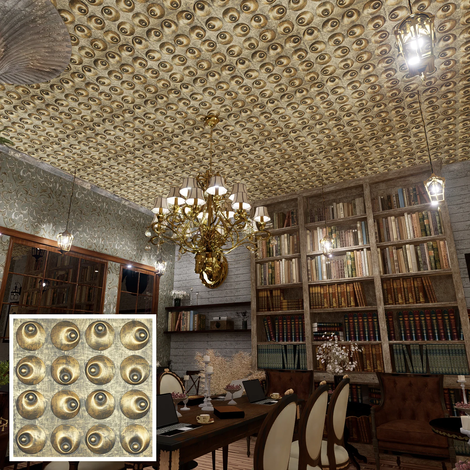 Distress Tin Ceiling Tiles Decorative ceiling panels Easy to Install PVC Panels for Cafe Club PLM102 Ancient gold PAINTSDECOR