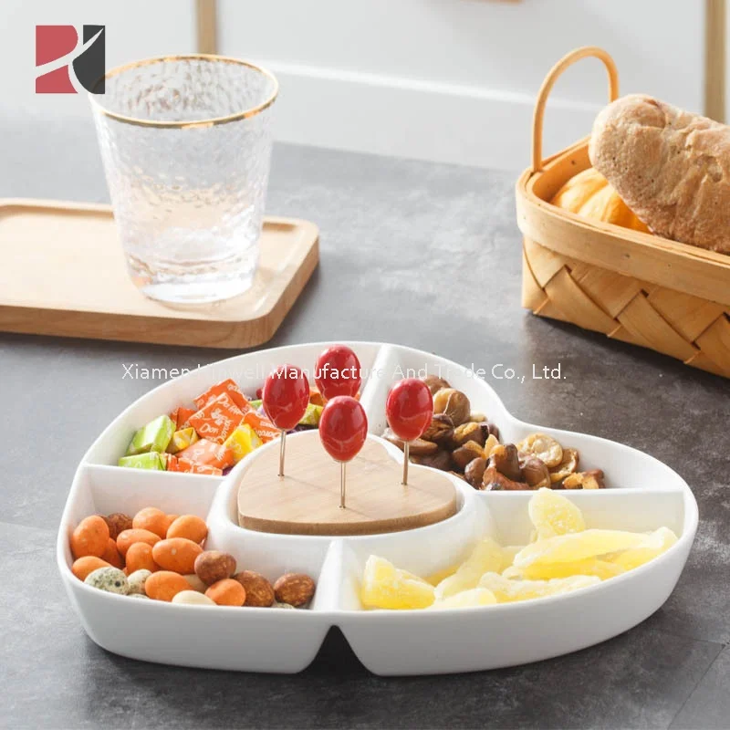 Decorative Wedding White Ceramic Appetizer Serving Platter Tray Nut Fruit Plate with Food Picks and Wood Holder