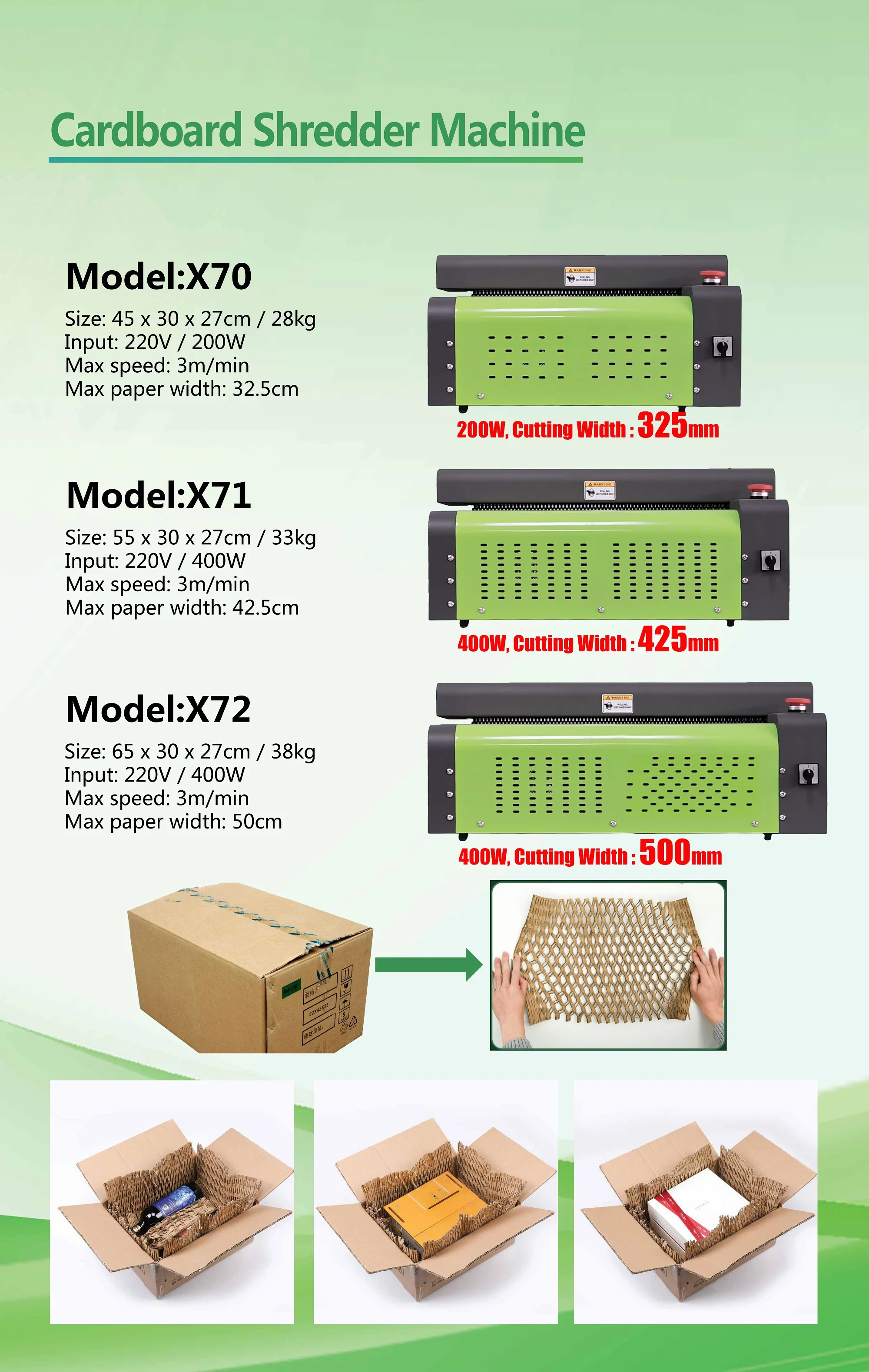 Box Cardboard Shredder Machine Desktop X70 X71 X72 Carton Box Shredding Machine Cutter Waste Paper Packaging Mesh Features