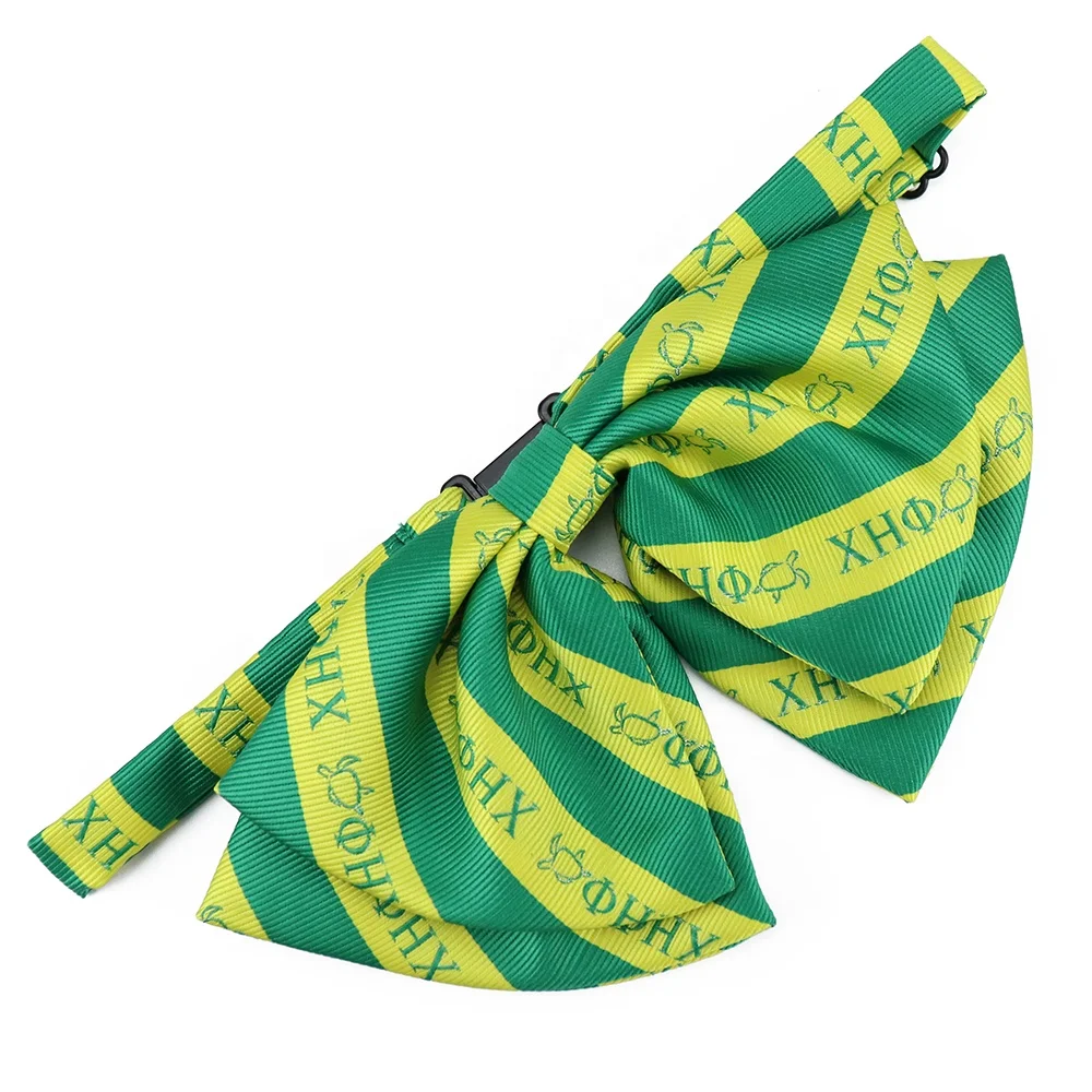 High End Design Logo Chi Eta Phi Green Yellow Striped Polyester Oversized Sorority Ladies Bow Tie