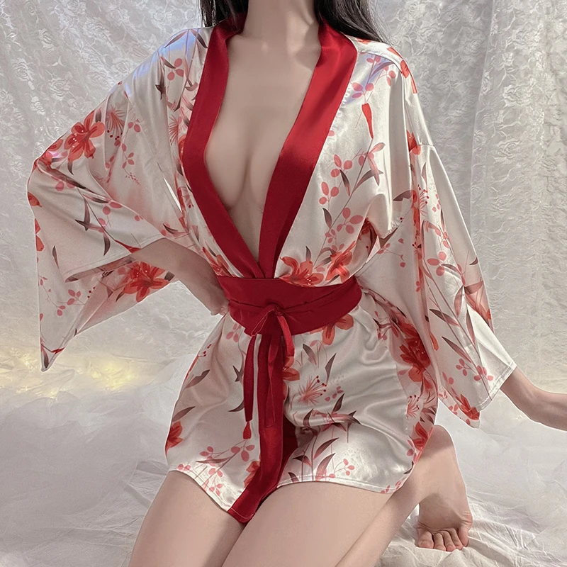 wholesale Japanese dual wear Kimono printed satin  night robe sexy women sleepwear GR1567