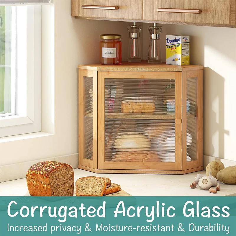 Кухонная угловая коробка для хлеба большая бамбуковая деревянная емкость хранения с акриловой волнистой дверной панелью Бамбуковая