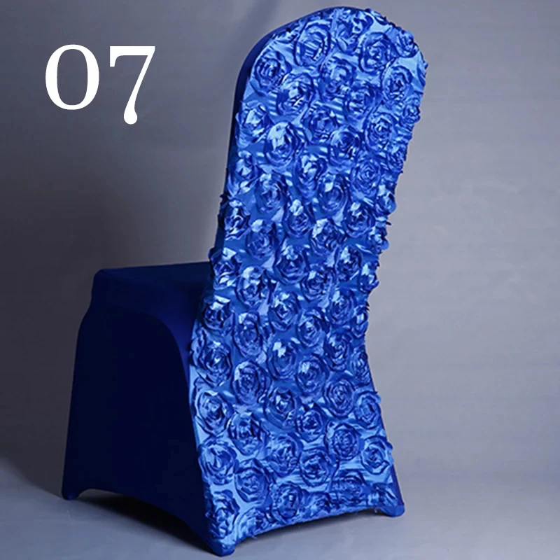 Factory Price Banquet Chair Cover Blue Pleated Skirt Rosette Back Chair Slipcover for Dining Room