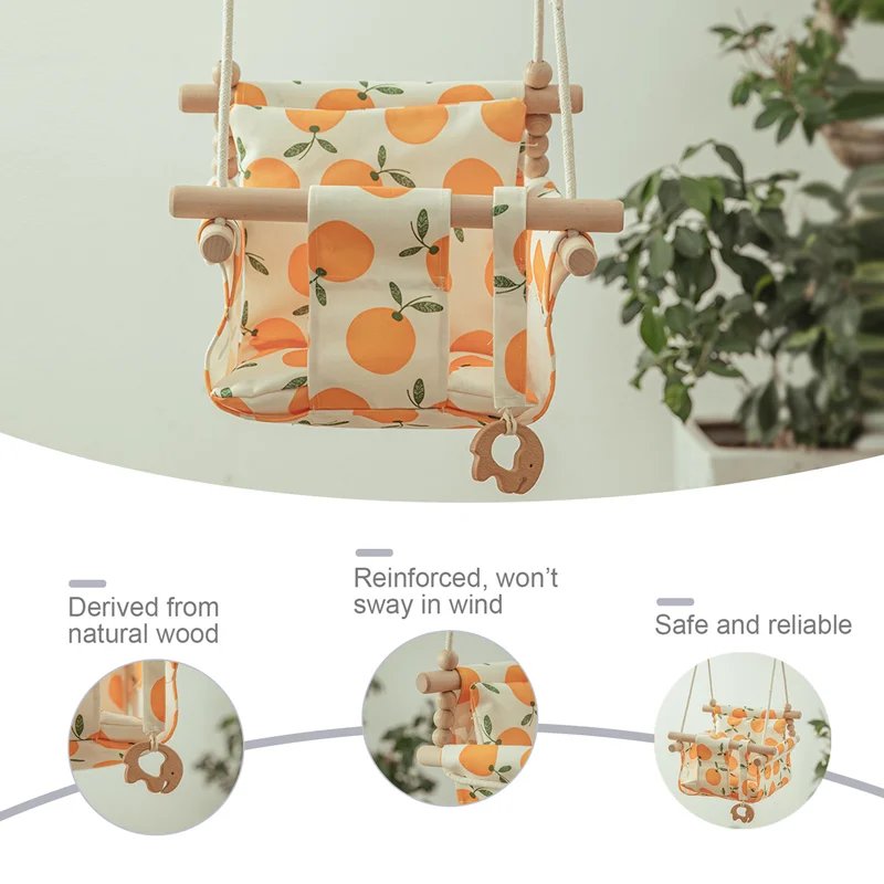 Hot Wooden Baby Swing Chair Canvas Hanging Swing Seat with Cushion Indoor Durable Swing for Infant