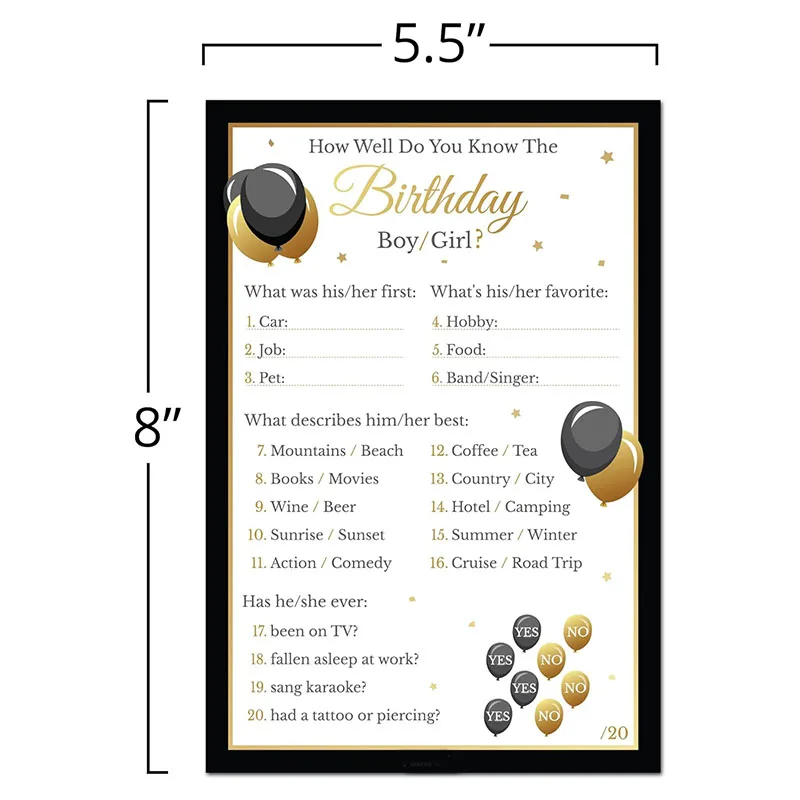 Custom Printing Double Sided Birthday Party Games How Well Do You Know The Birthday Boy or Girl Game Cards