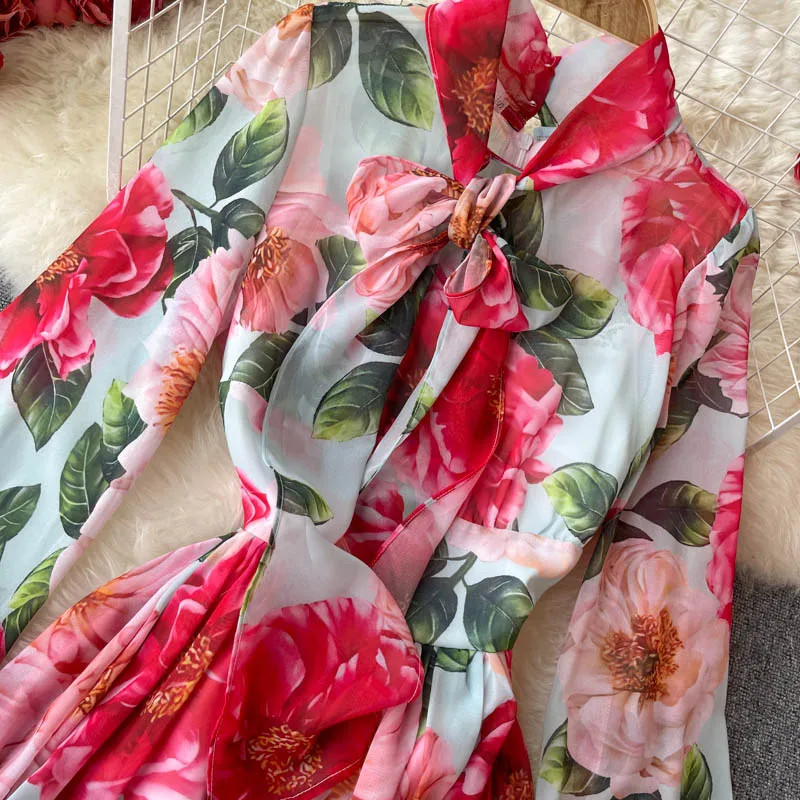 Fashion Clothes 2022 Women Autumn Elegant Printed Holiday Dress New Sweet Lace-Up Bow-Neck Ladies Long Dresses Women