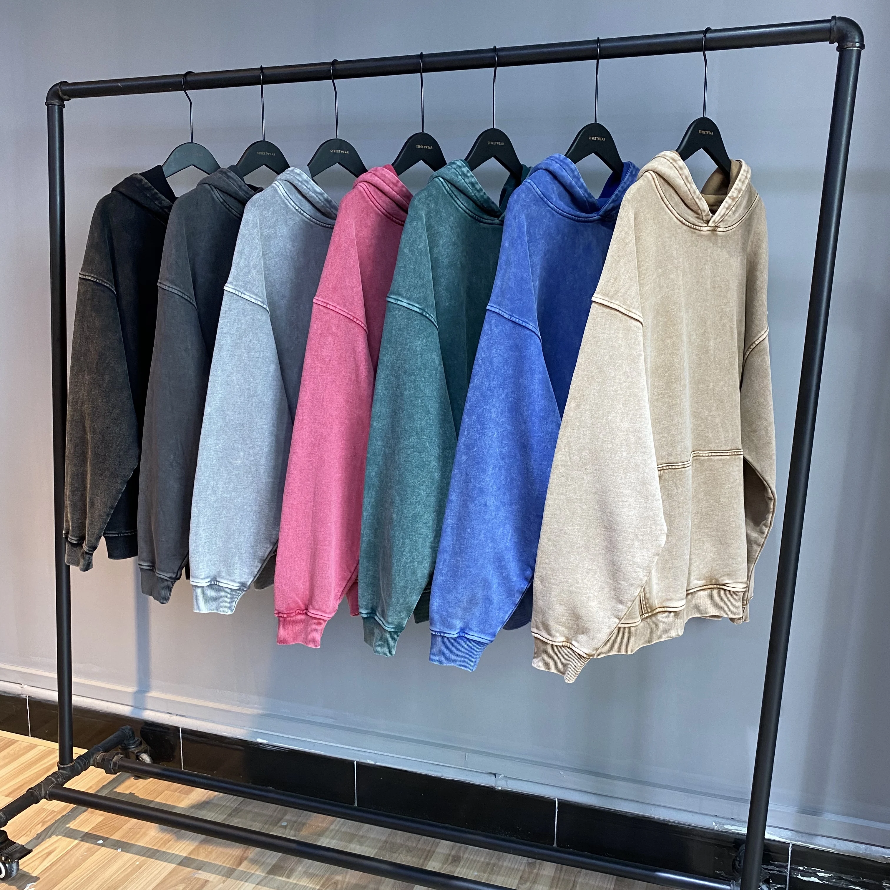 Wholesale Heavy No String 100% Cotton Oversized Hoodie Custom Men Acid Washed Vintage Drop Shoulder Hoodie