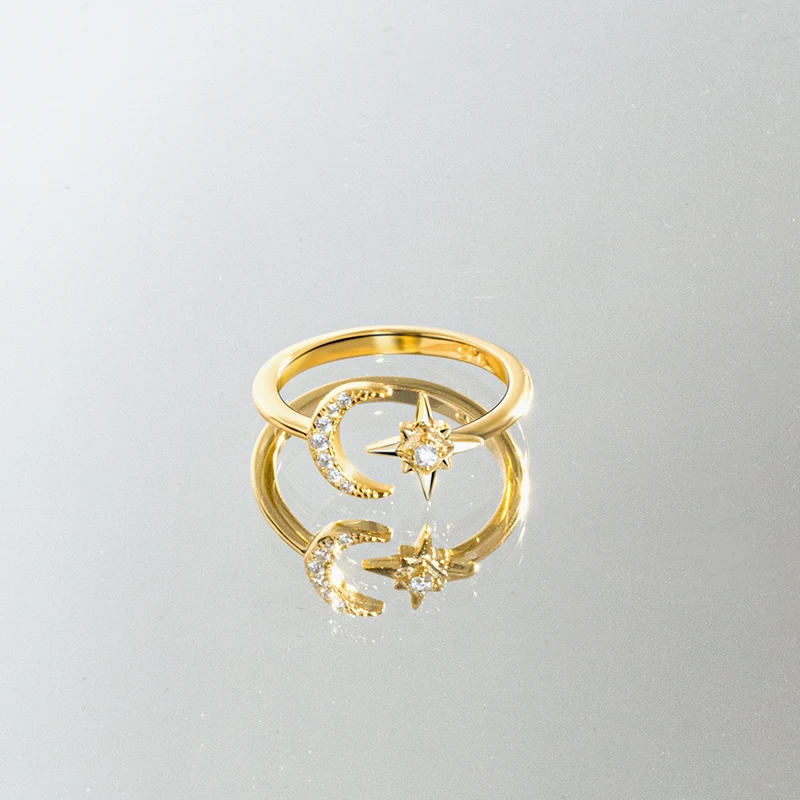 Customized Hot sale 925 silver simple diamond inlaid star moon ring trend single ring