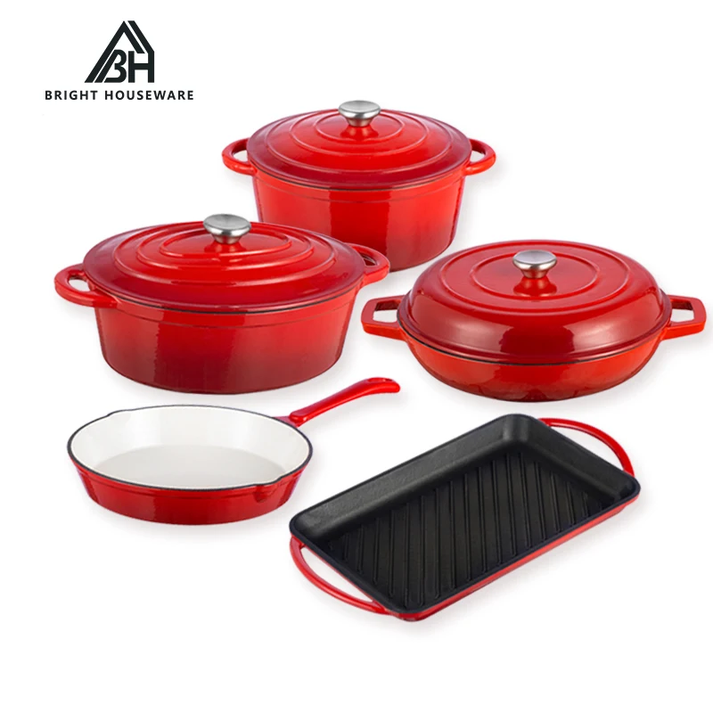 Bright Houseware 11pcs Wholesale Cookware With Cheap Price Low MOQ Home Kitchen Custom Pot Red Enamel Cast Iron Cookware Sets