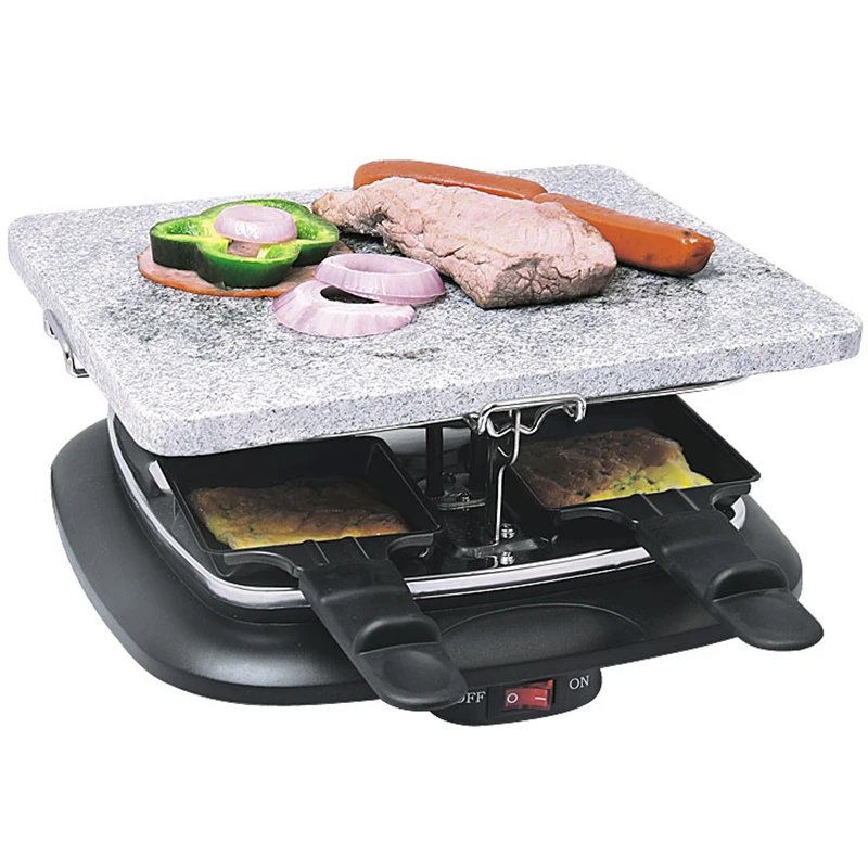 XJ-92261 Mini Grill 4 People Non-stick Coating Raclette Grill Electric Serves 4 People with 4 Small Pans 700 PTFE Indoor 3 in 1