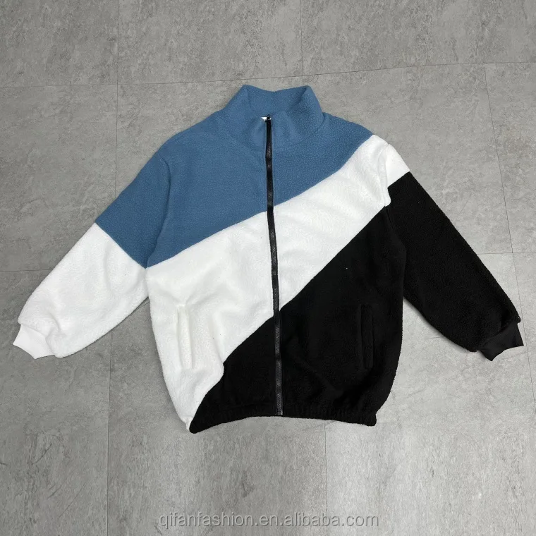 Custom high collar patchwork color block fluffy sherpa fleece jacket for men