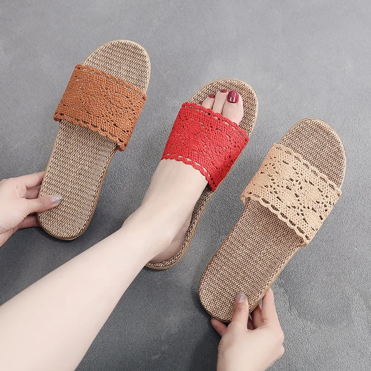 A word flip flops lace high quality women house indoor cheap summer indoor slippers linen