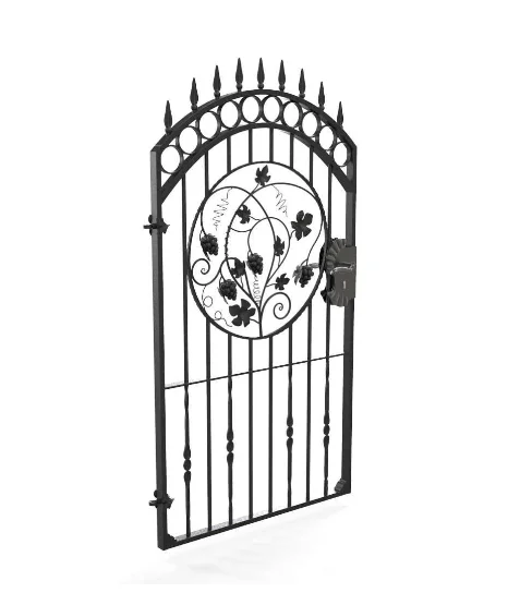 Tall wrought lron gate with lock and decorative panel