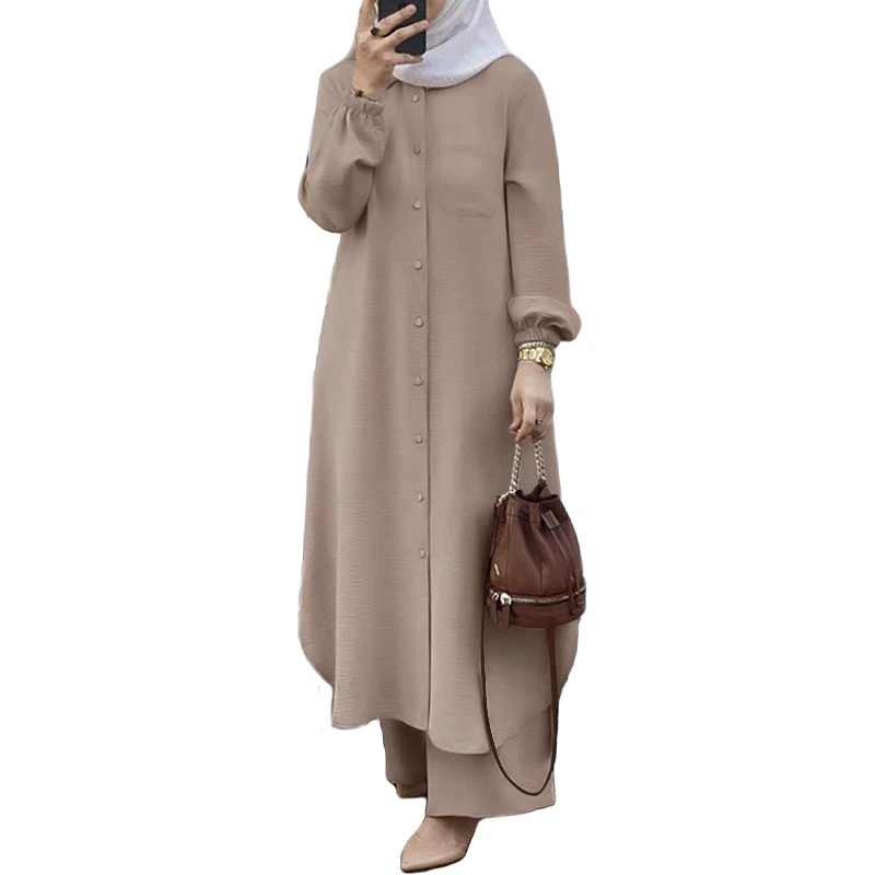 Wholesale Simple Plain Islamic Clothing Two-Piece Church Dresses For Women Casual Retro Muslim Set