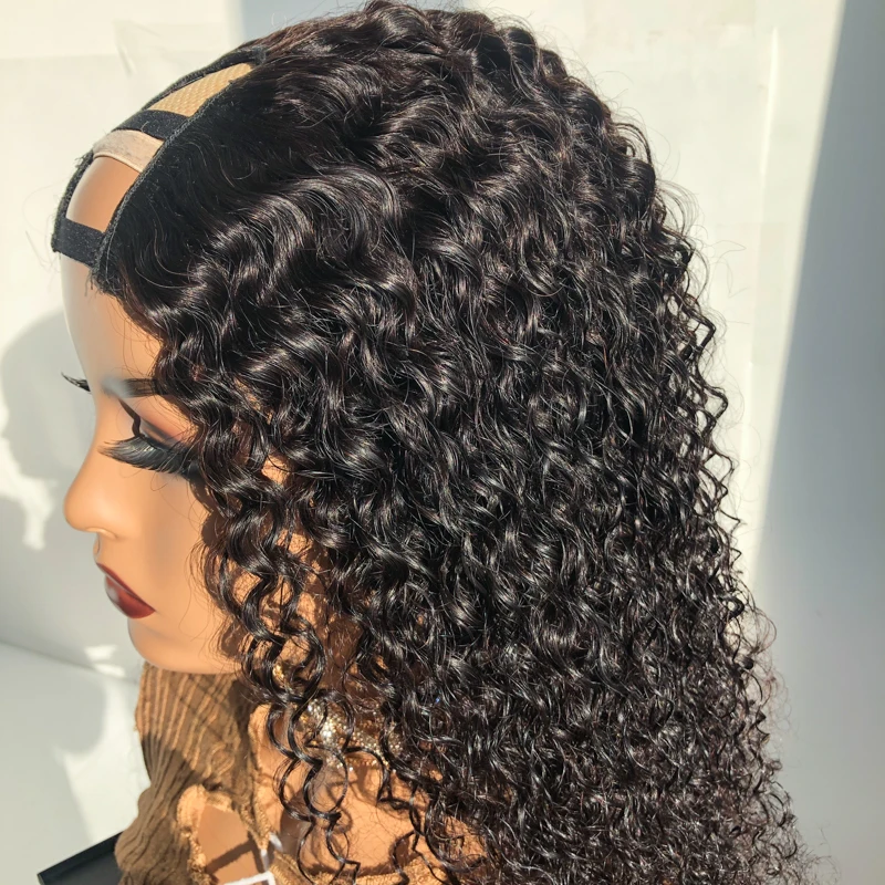 Clips Natural Human Hair Wigs Blended Hot Selling Side Part Indian kinky curly U Part Wig  For Black Woman