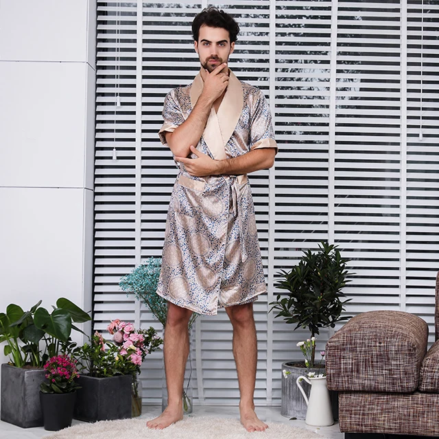 
Two piece silk robe set Luxurious satin nightgown short sleeve pattern design pajamas for men 