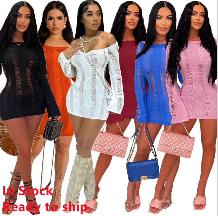 Knit Ripped mini dress spring women clothing 2023 sexy night club long sleeve blue cut out backless knitted bodycon dresses