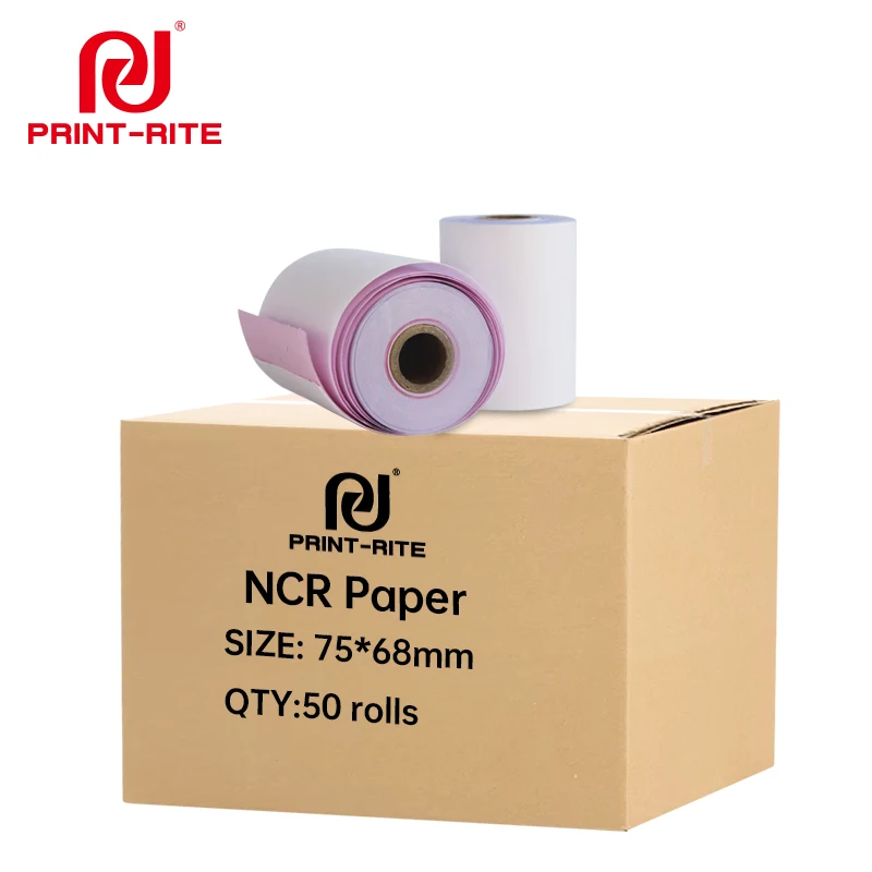Print-Rite 75x68mm Premium Custom Size 2 3 4 5 Ply Multi-part carbonless paper roll 50gsm 48gsm For Dot matrix printer