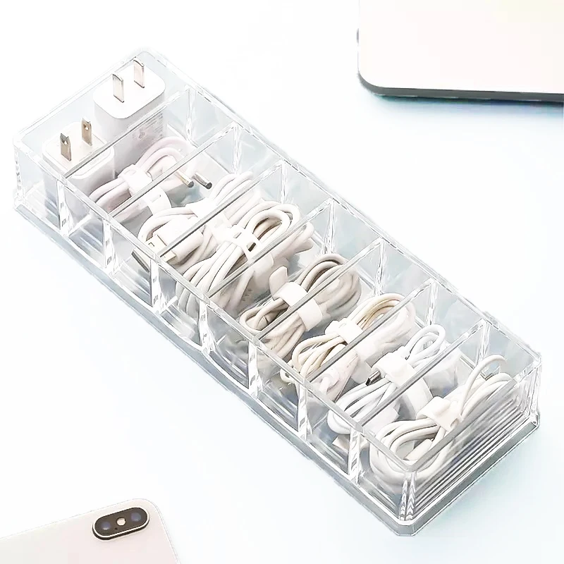 Clear Acrylic Desktop Organizer Customized 8 Grid Transparent Acrylic Cable Storage Organizer