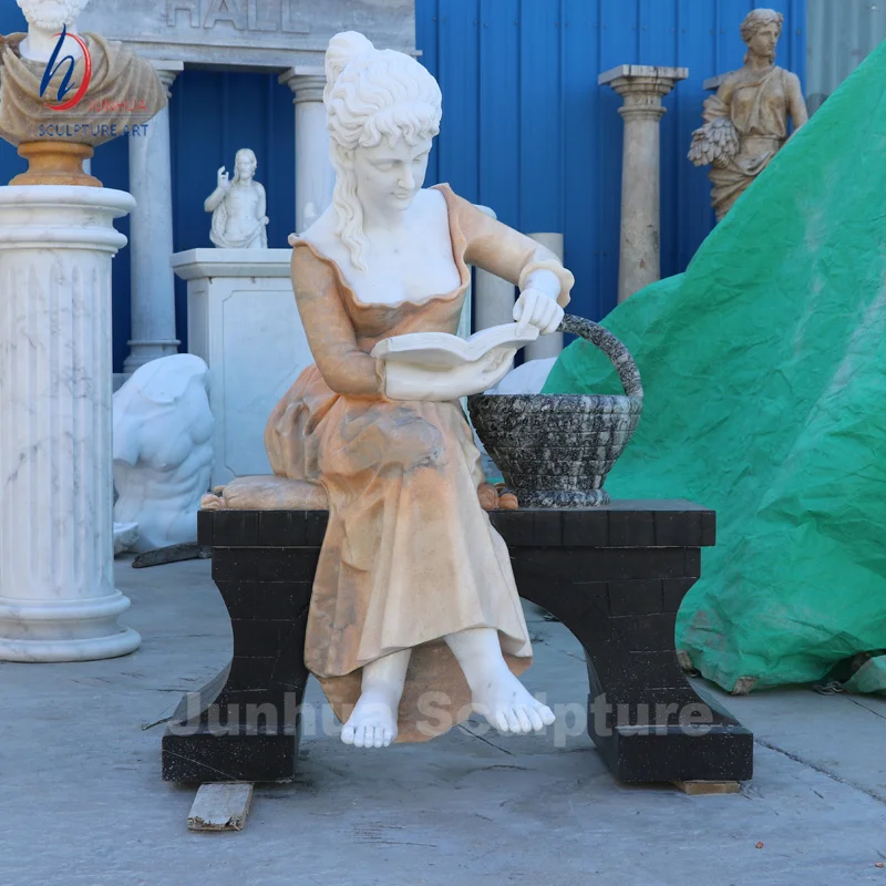 Natural Stone Female Statue Occidental Lady Girl Marble Sculpture With Flower Basket