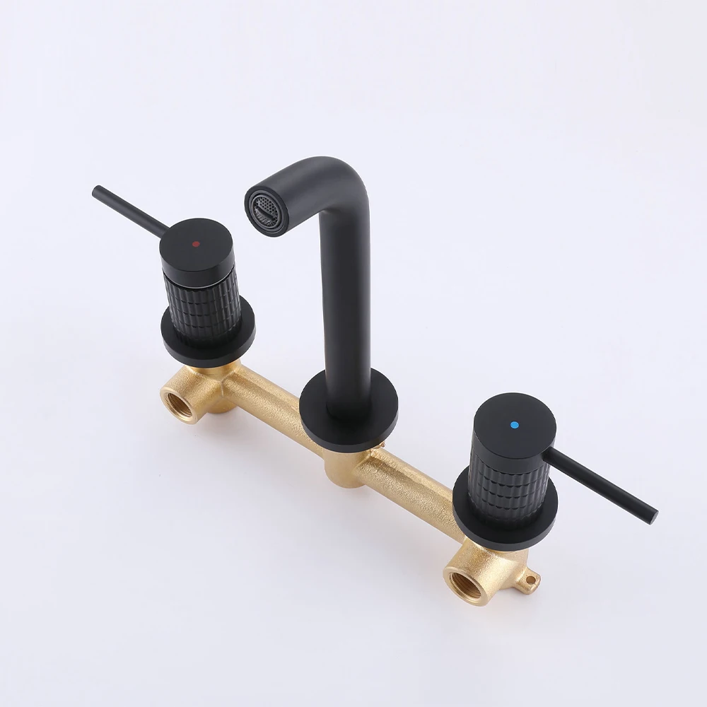 Bathroom In Wall Double Lever Tap Black Basin Mixer Faucet