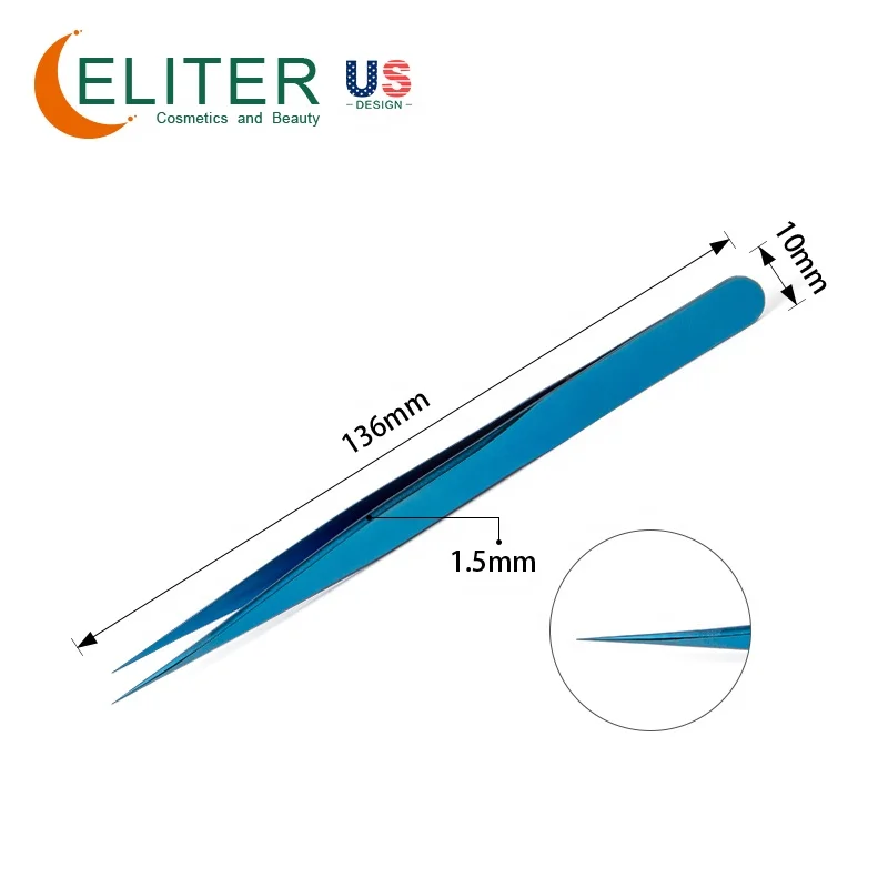 ELITER In Stock Beauty Tools Blue Eyelash Tweezers Straight Eyelash Tweezer Personalized Eyelash Tweezers