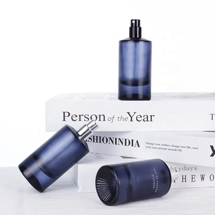 custom color 55ml fancy style dark blue men empty luxury glass perfume bottle with black cap