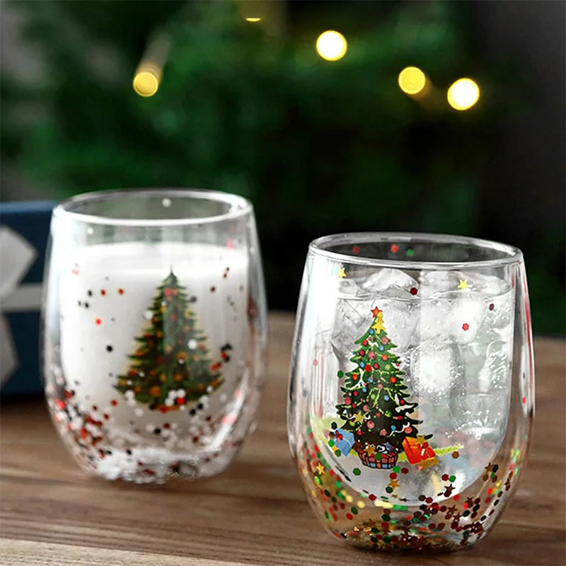 Factory wholesale hand blow new design christmas holiday double wall cup Printing Heat-resistant Flowing Sequins scented candles