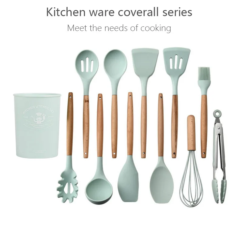 Silicone Kitchen Utensils 12 Pieces High Quality Wooden Handle Non-Stick Heat Resistant Cookware Silicone Kitchen Utensils
